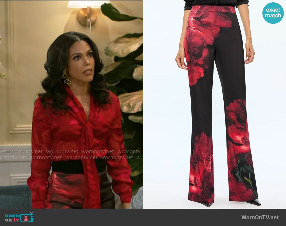 Alice + Olivia Ronnie Pants in Peony Petals Bright Ruby worn by Dani Dupree (Karla Mosley) on Beyond the Gates