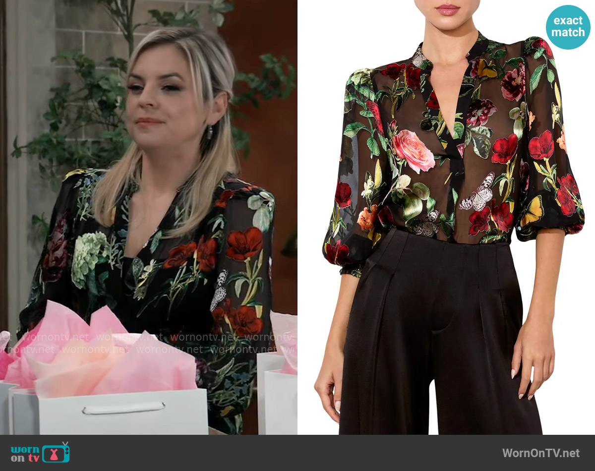Alice + Olivia Sheila Floral & Butterfly Appliqué Chiffon Top worn by Maxie Jones (Kirsten Storms) on General Hospital