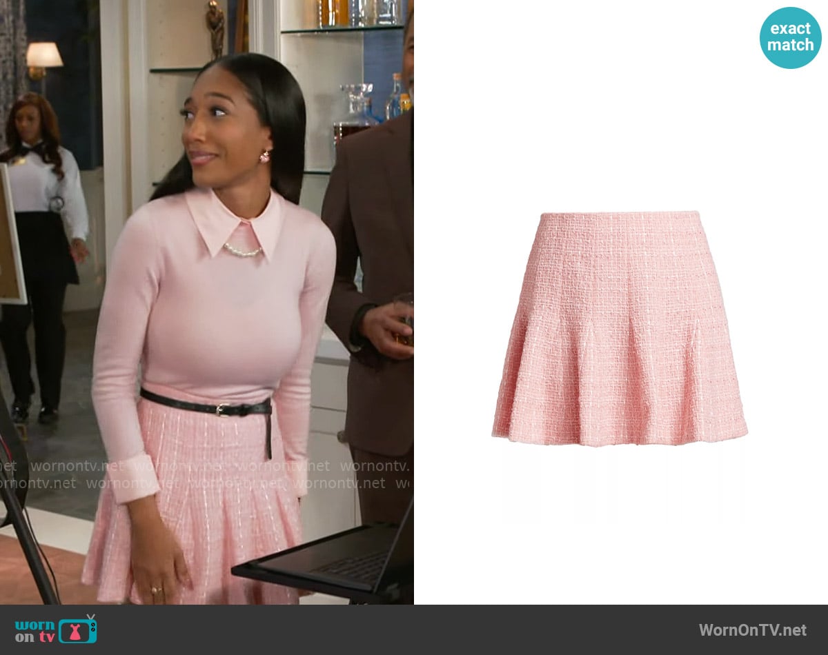Alice + Olivia Zona Tweed Godet Miniskirt worn by Samantha Richardson (Najah Jackson) on Beyond the Gates