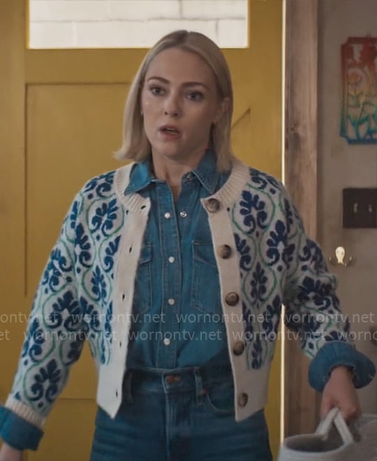Alice’s printed cardigan on Grosse Pointe Garden Society