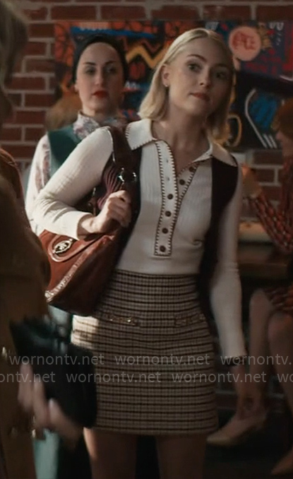 Alice’s white polo sweater and checked skirt on Grosse Pointe Garden Society