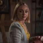 Alice’s yellow dotted wrap dress and blue pointelle knit cardigan on Grosse Pointe Garden Society
