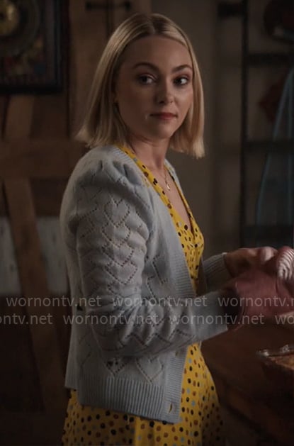 Alice’s yellow dotted wrap dress and blue pointelle knit cardigan on Grosse Pointe Garden Society