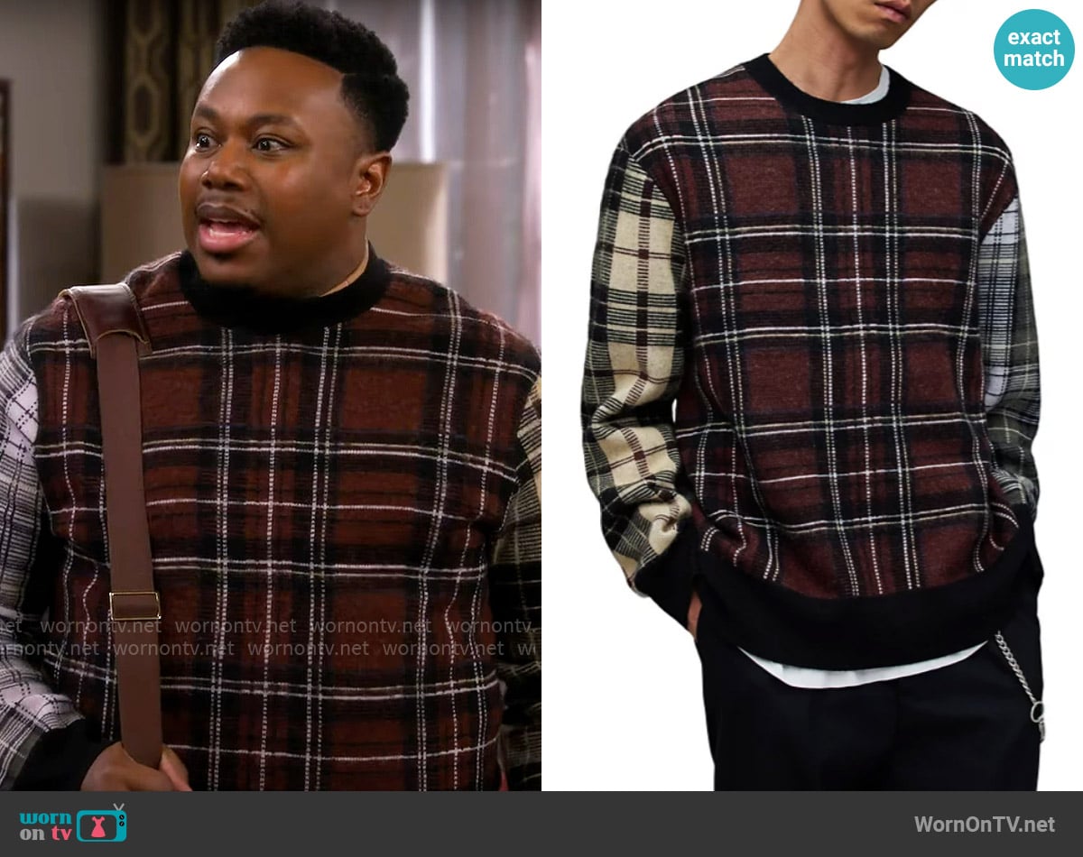 All Saints Ness Oversized Mixed Pattern Crewneck Sweater worn by Marty (Marcel Spears) on The Neighborhood