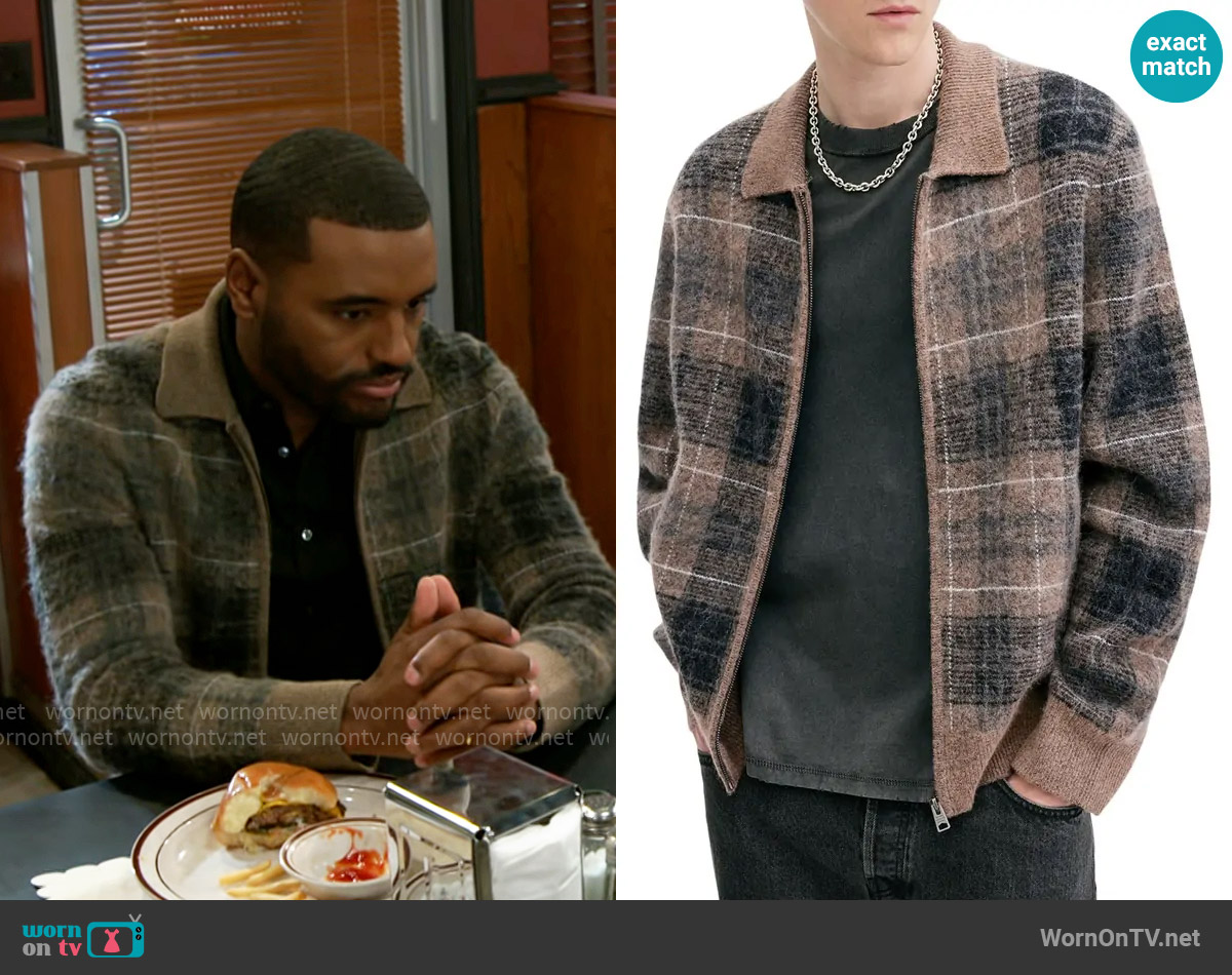 All Saints Robbie Cardigan in Yew Brown worn by Andre Richardson (Sean Freeman) on Beyond the Gates
