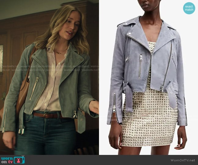 All Saints Balfern Belted Suede Biker Jacket in Denim Blue worn by Guinevere Beck (Elizabeth Lail) on You