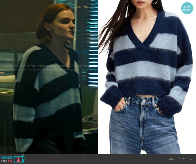 All Saints Lou Striped Croppy V-neck Jumper in Indigo/pale Blue worn by Bronte (Madeline Brewer) on You