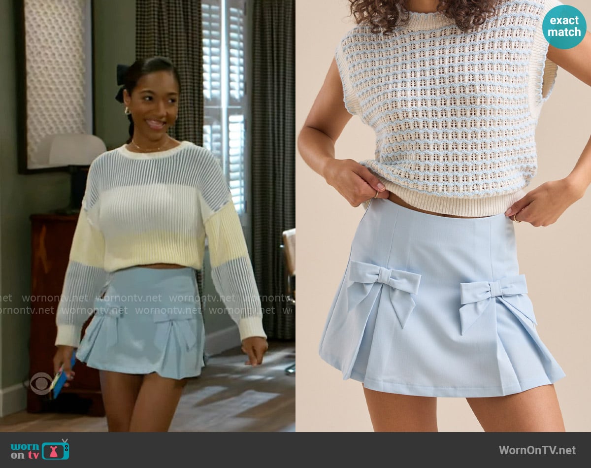 Altar'd State Florence Bow Mini Skort worn by Samantha Richardson (Najah Jackson) on Beyond the Gates