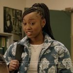 Amina’s blue floral print puffer jacket on All American