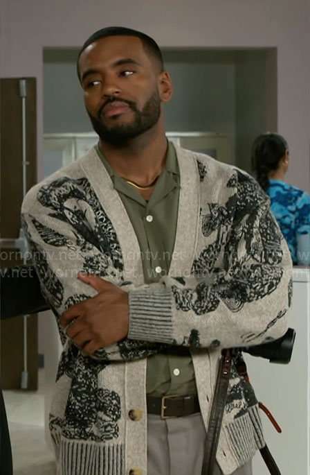 Andre’s printed cardigan on Beyond the Gates