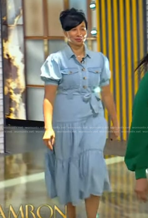 Angela’s chambray belted dress on Tamron Hall Show