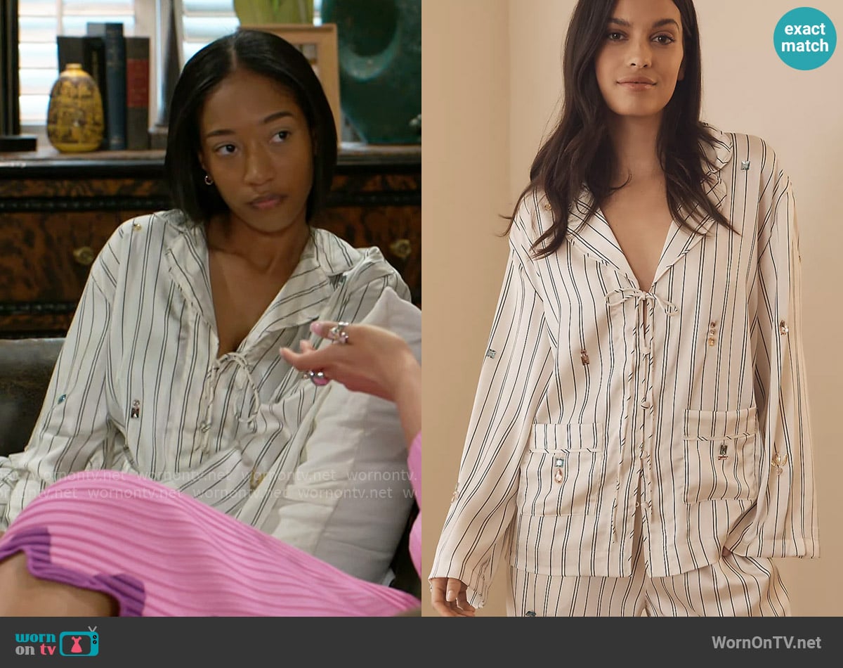 Anthropologie Silky Bejeweled Pajama Top worn by Samantha Richardson (Najah Jackson) on Beyond the Gates