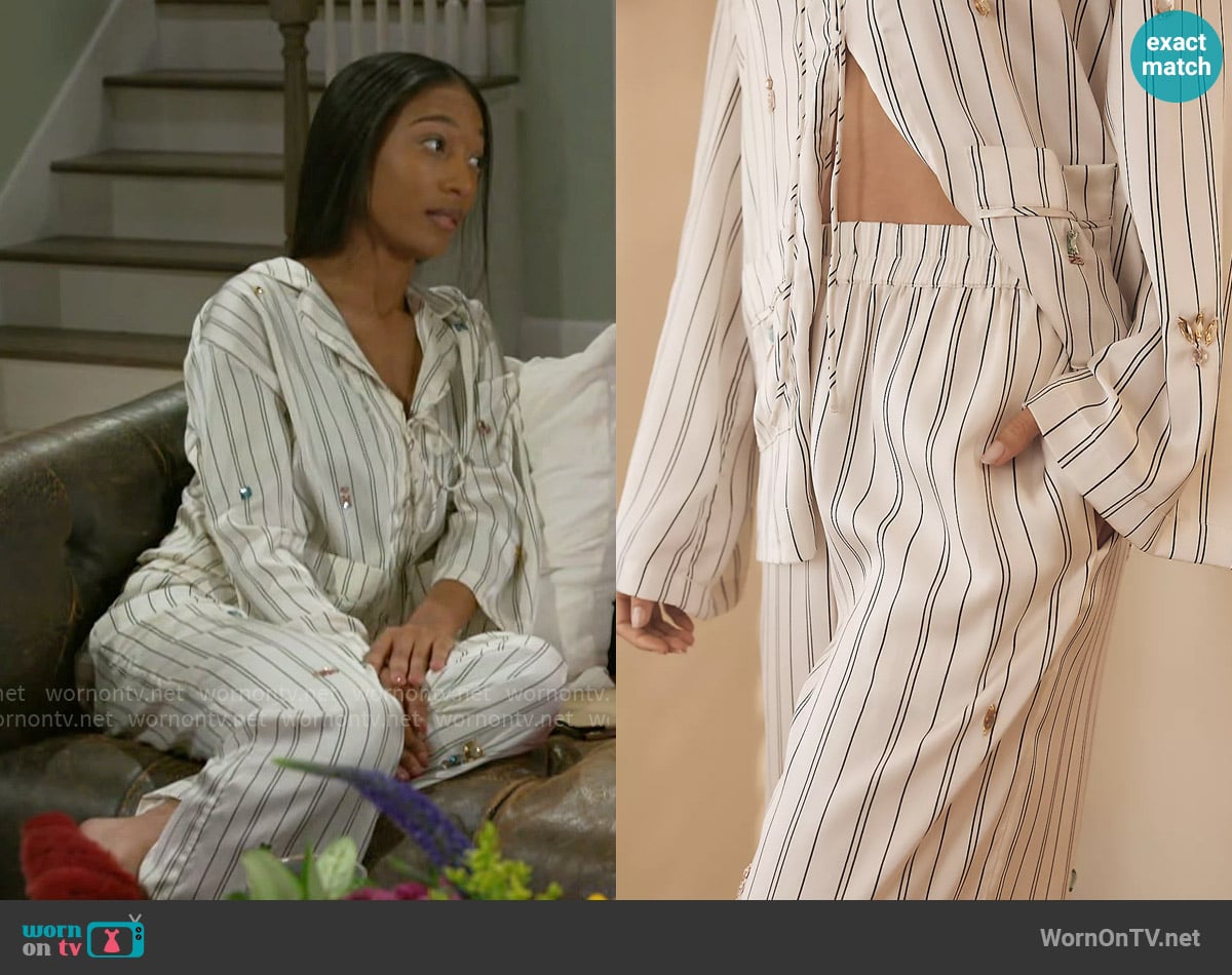 Anthropologie Silky Bejeweled Pajama Bottoms worn by Samantha Richardson (Najah Jackson) on Beyond the Gates