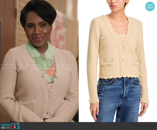 Aqua Faux Pearl Embellished Cardigan worn by Barbara Howard (Sheryl Lee Ralph) on Abbott Elementary