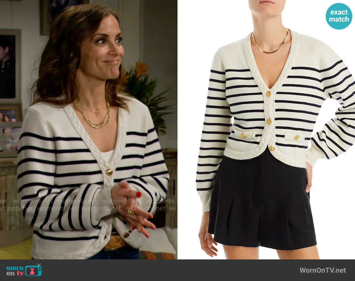 Aqua Braid Trim Cashmere Cardigan worn by Taylor Hayes (Rebecca Budig) on The Bold and the Beautiful