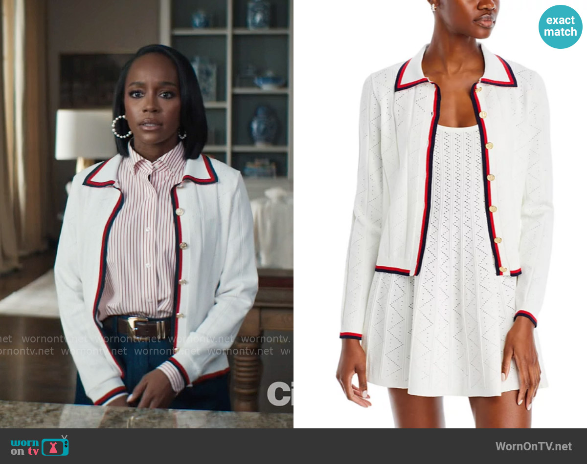 Aqua Collared Contrast Piping Cardigan worn by Catherine (Aja Naomi King) on Grosse Pointe Garden Society