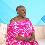 Tracey Cooke’s pink floral print cold shoulder jumpsuit on Tamron Hall Show