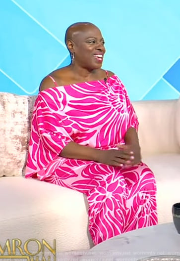 Tracey Cooke’s pink floral print cold shoulder jumpsuit on Tamron Hall Show