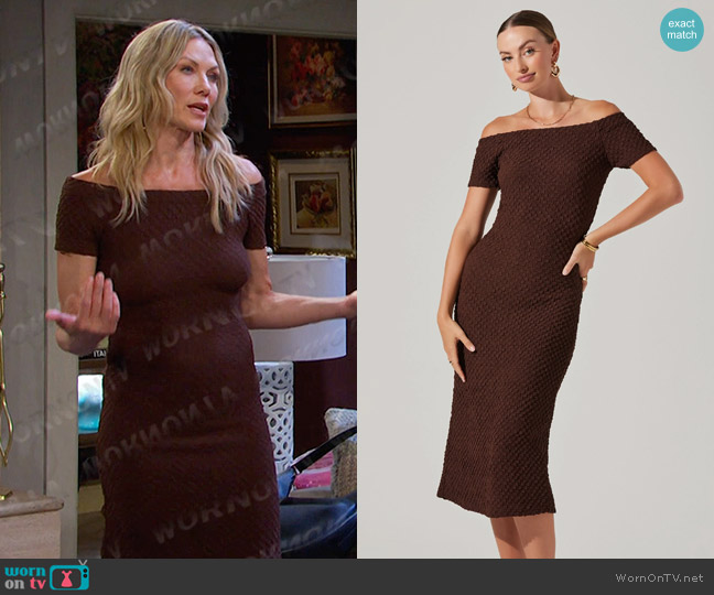 ASTR The Label Promise Off Shoulder Midi Dress in Brown worn by Kristen DiMera (Stacy Haiduk) on Days of our Lives