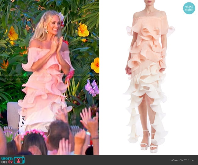 Badgley Mischka Off-the-Shoulder Pleated Organza Ombre Gown worn by Carrie Underwood on American Idol