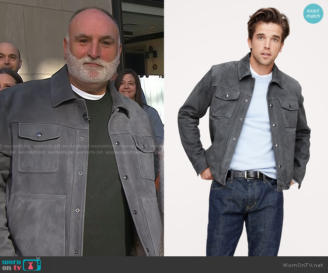 Banana Republic Suede Trucker Jacket in cinders gray worn by José Andrés on Today