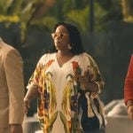 Belinda’s parrot print kaftan on The White Lotus