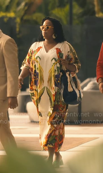 Belinda’s parrot print kaftan on The White Lotus