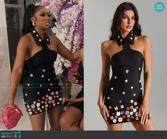 Bella Barnett Gunnel Flower Embellished Bandage Dress worn by Porsha Williams on The Real Housewives of Atlanta