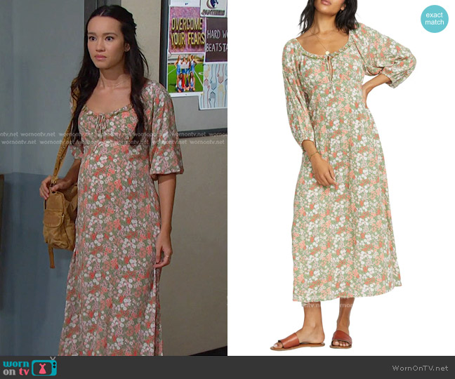 Billabong Dream All Day Floral Midi Dress in Avocado worn by Sophia Choi (Rachel Boyd) on Days of our Lives