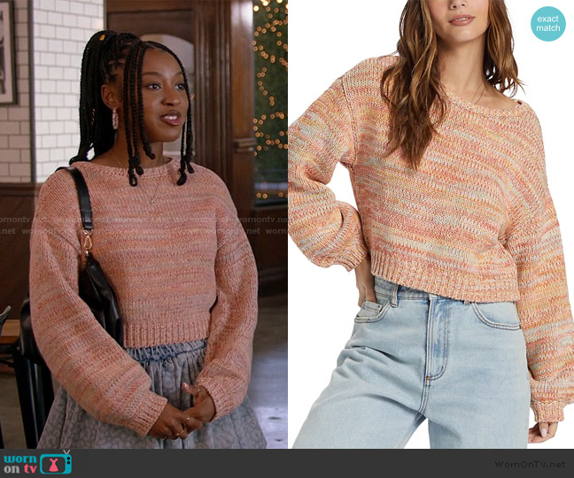 WornOnTV: Amina's orange knit sweater and blue bubble skirt