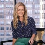 Kelly’s blue polka dot print blouse and pants on Live with Kelly and Mark