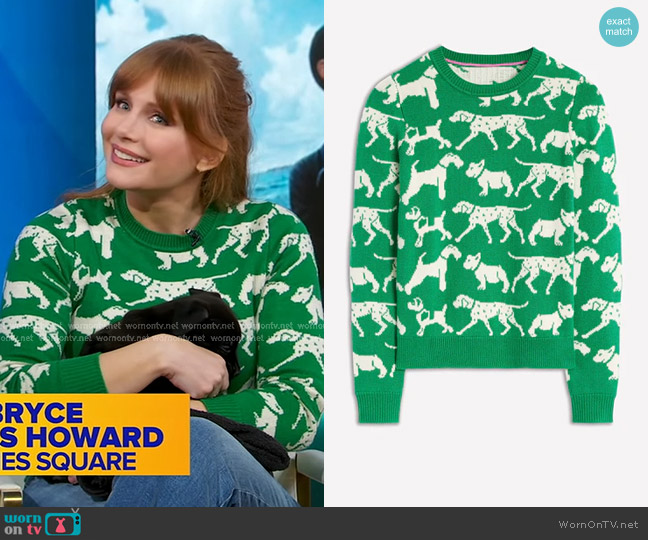 Boden Heather Jacquard Sweater in Sapling Green Dogs worn by Bryce Dallas Howard on Good Morning America