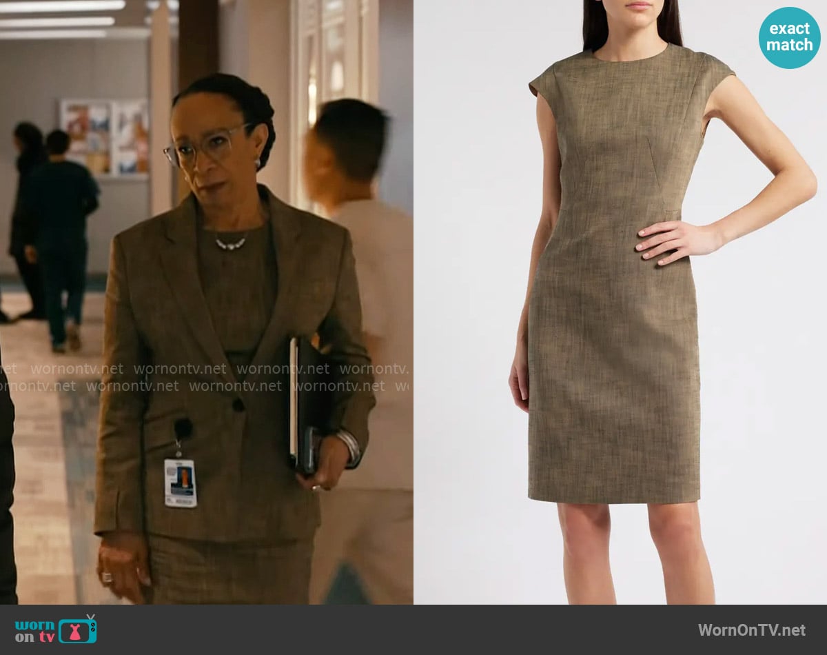 BOSS Dironah Sheath Dress in Teak Sharkskin worn by Sharon Goodwin (S. Epatha Merkerson) on Chicago Med