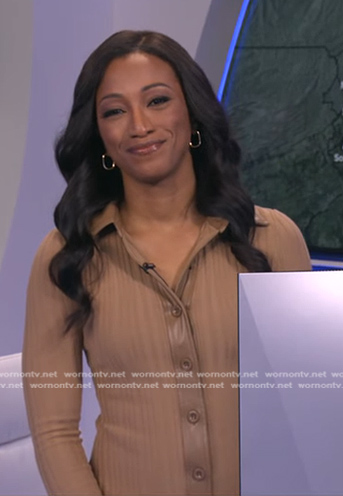 Brittany’s beige ribbed leather trim shirtdress on Good Morning America