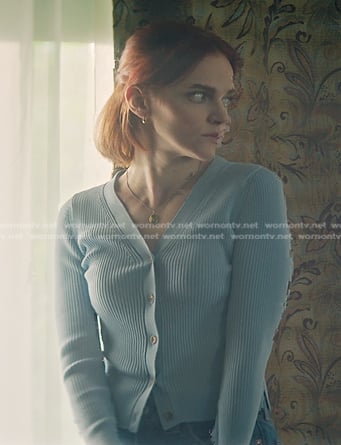 Bronte’s blue ribbed cardigan on You