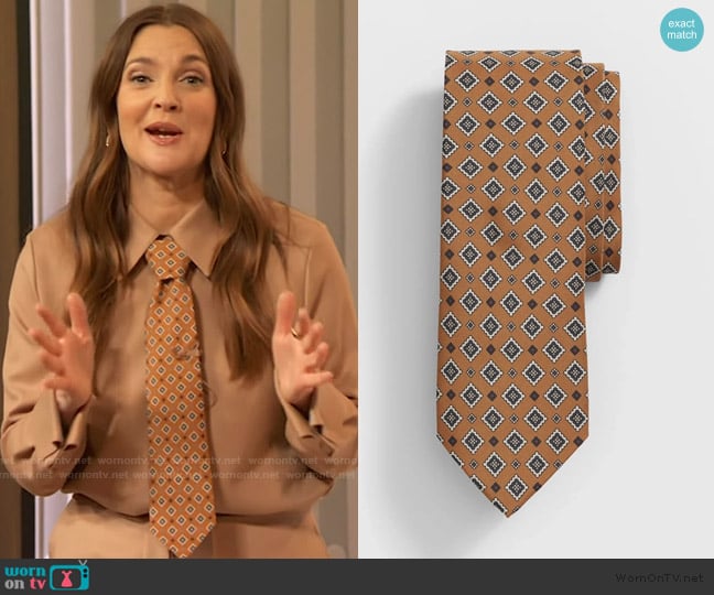 Brooks Brothers Silk Foulard-Stamp Print Tie worn by Drew Barrymore on The Drew Barrymore Show
