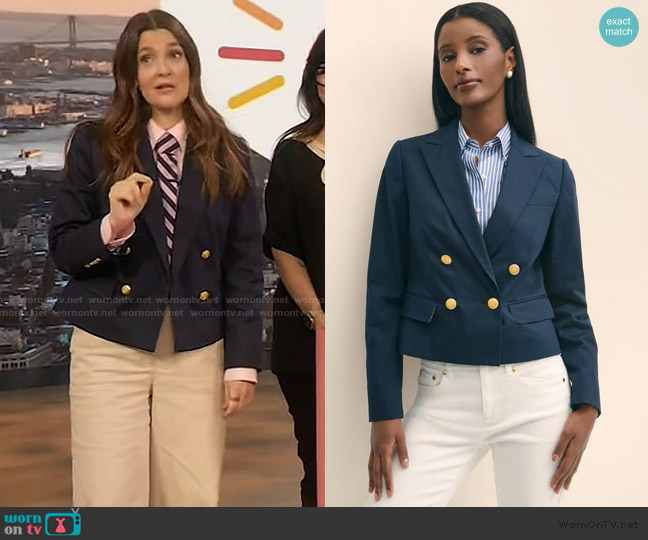 Brooks Brothers Cropped Double-Breasted Blazer in Cotton Faille worn by Drew Barrymore on The Drew Barrymore Show