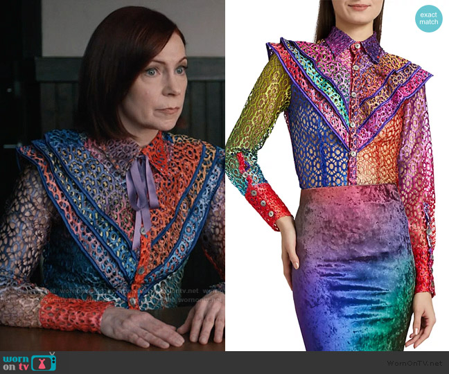 BruceGlen Prism Tiered Shoulder-Detail Lace Blouse worn by Elsbeth Tascioni (Carrie Preston) on Elsbeth
