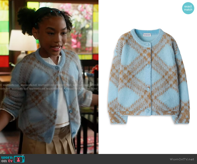 Burberry Girls' Bethane Check Mohair Cardigan in Slate Blue worn by Mara Driskell (Askyler Bell) on 9-1-1