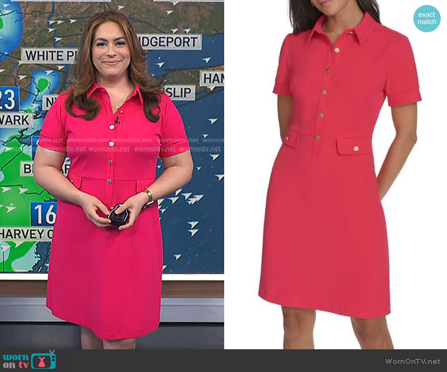 Calvin Klein Short Sleeve Shirtdress in Lipstick worn by Violeta Yas on NBC News Daily