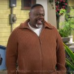 Calvin’s brown rib-knit zip-up cardigan on The Neighborhood