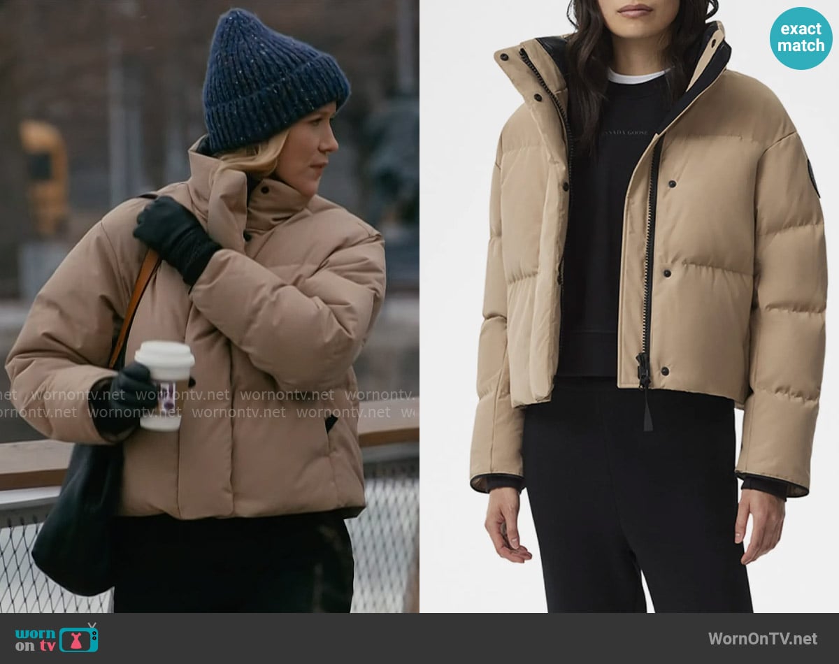 Canada Goose Grandview Cropped Jacket in Desert Sand worn by Hannah Asher (Jessy Schram) on Chicago Med