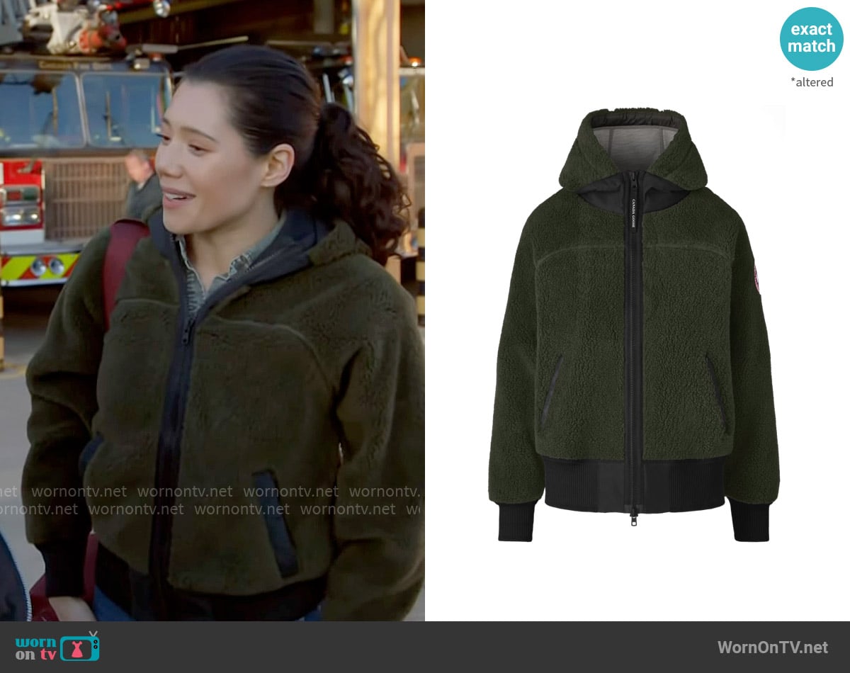 Canada Goose Simcoe Oversized Hoody Kind High Pile Fleece in Dark Sage worn by Violet Mikami (Hanako Greensmith) on Chicago Fire