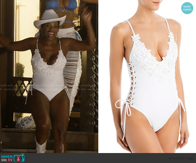 Capittana Flower Applique Lace Up One Piece Swimsuit worn by Shamea Morton Mwangi on The Real Housewives of Atlanta