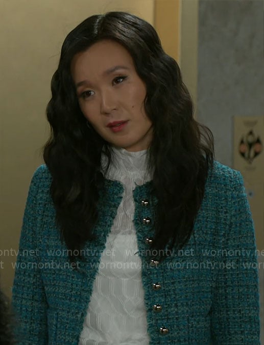 Caroline’s teal green tweed jacket on Beyond the Gates