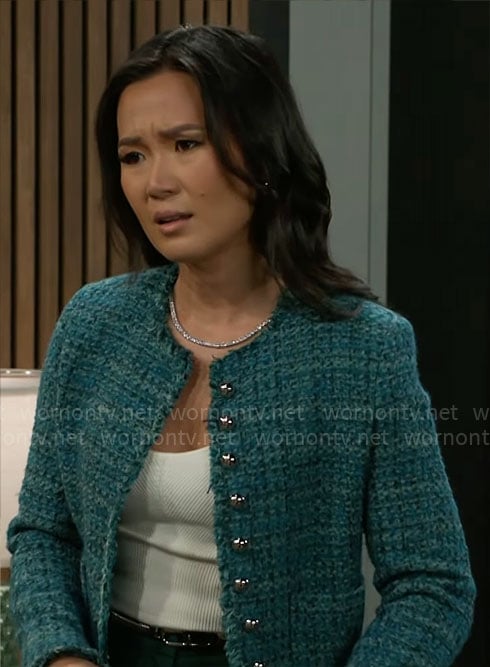 Caroline’s teal green tweed jacket on Beyond the Gates
