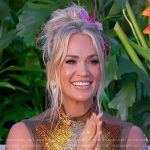 Carrie’s metallic beaded top and print maxi skirt on American Idol