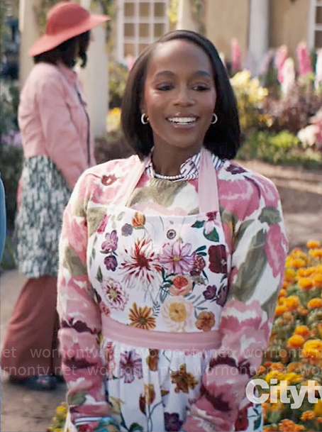 Catherine’s pink floral sweater on Grosse Pointe Garden Society
