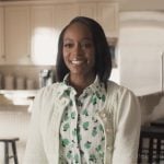 Catherine’s green floral shirtdress and cardigan on Grosse Pointe Garden Society