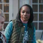 Catherine’s blue paisley print sweater and green quilted vest on Grosse Pointe Garden Society